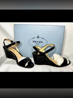 Prada Black Patent Leather Wedge Slingback Sandals 38.5